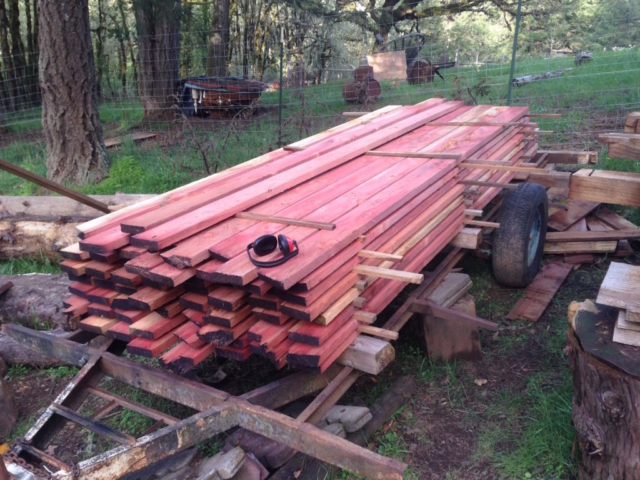 Approx 800 bd ft of rough-sawn redwood decking for the front deck of a neighbor's yurt